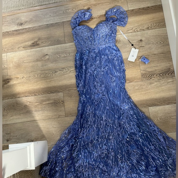 Periwinkle Sherri Hill Ruffle Sleeve Sequin Lace Dress - Picture 13 of 17